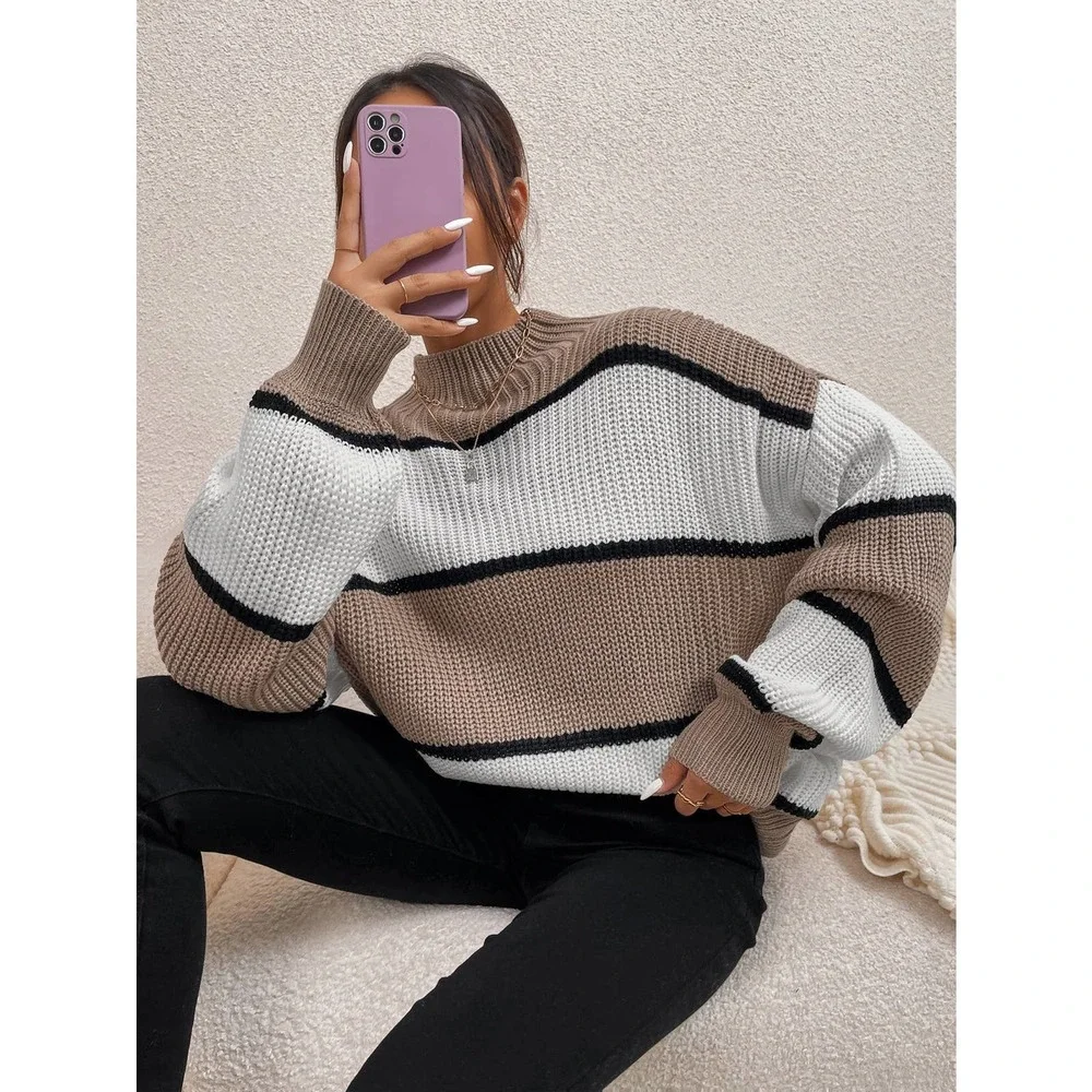 Color Block striped Mock Neck oversized Sweater tan white black - Picture 4 of 6
